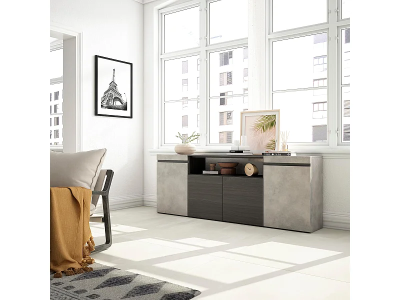 Buffet salon et cuisine, 200x75x35cm, 4 Portes, Meuble chaussure, Ciment