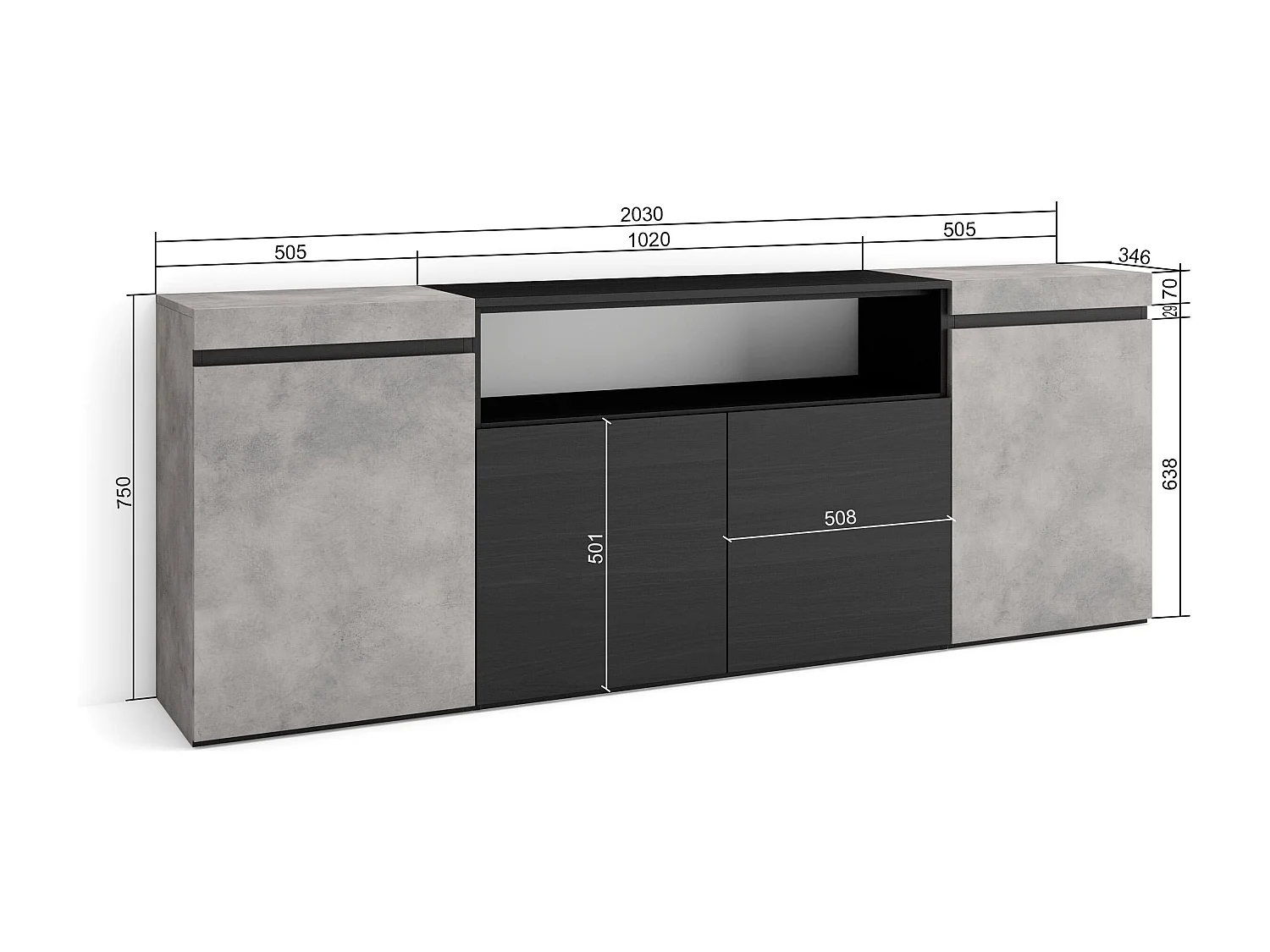 Dressoir, Opbergkast, 200x75x35cm, 4 Deuren, Woonkamer, hal, Cement