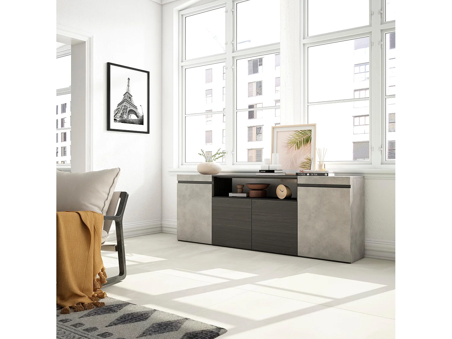 Buffet salon et cuisine, 200x35x75cm, 4 Portes, Meubles à chaussures, Ciment