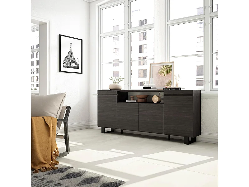 Buffet salon et cuisine, 200x35x87cm, 4 Portes, Design industriel, Noir