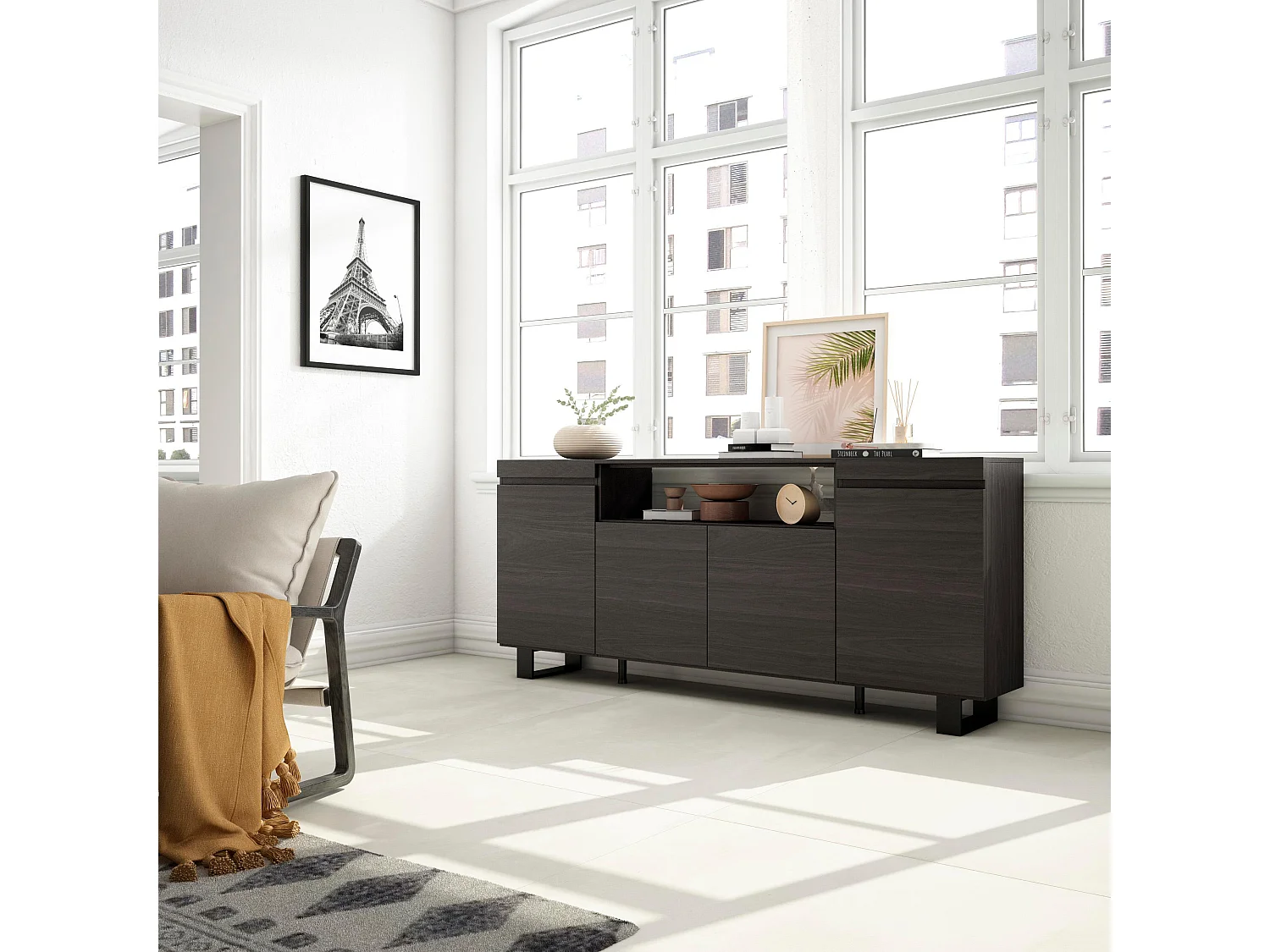 Aparadores para salón, 200x35x87cm, 4 Puertas, Diseño industrial, Negro