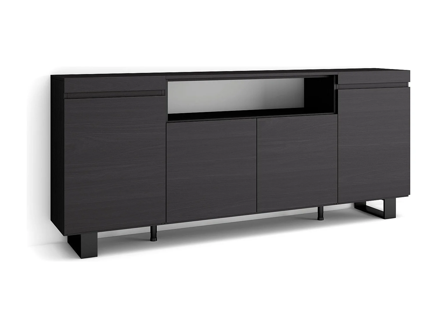 Aparadores para salón, 200x35x87cm, 4 Puertas, Diseño industrial, Negro