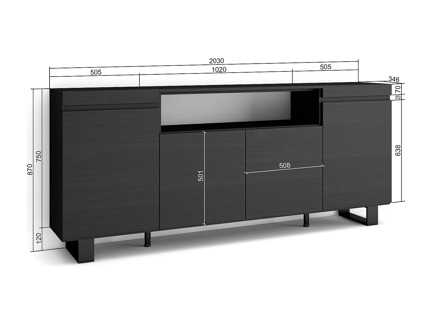 Sideboard, Highboard, 200x35x87cm, 4 Türen, Industriedesign, Schwarz