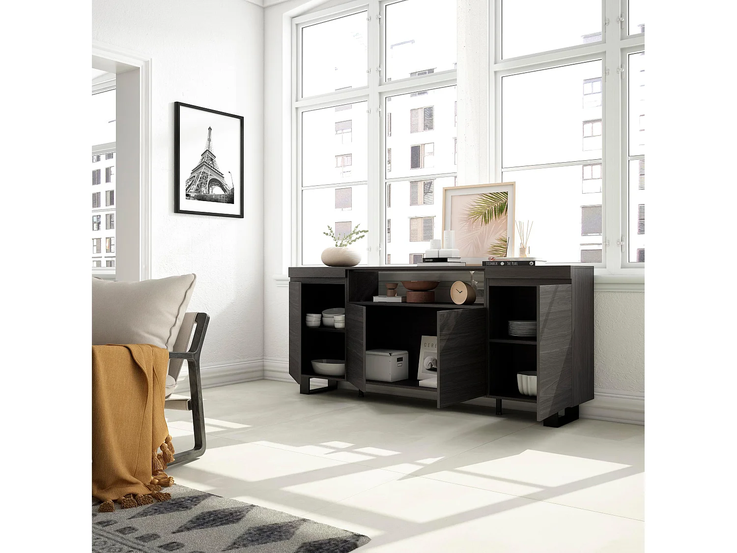 Aparador sala de jantar, 200x35x87cm, 4 Portas, Design industrial, Preto