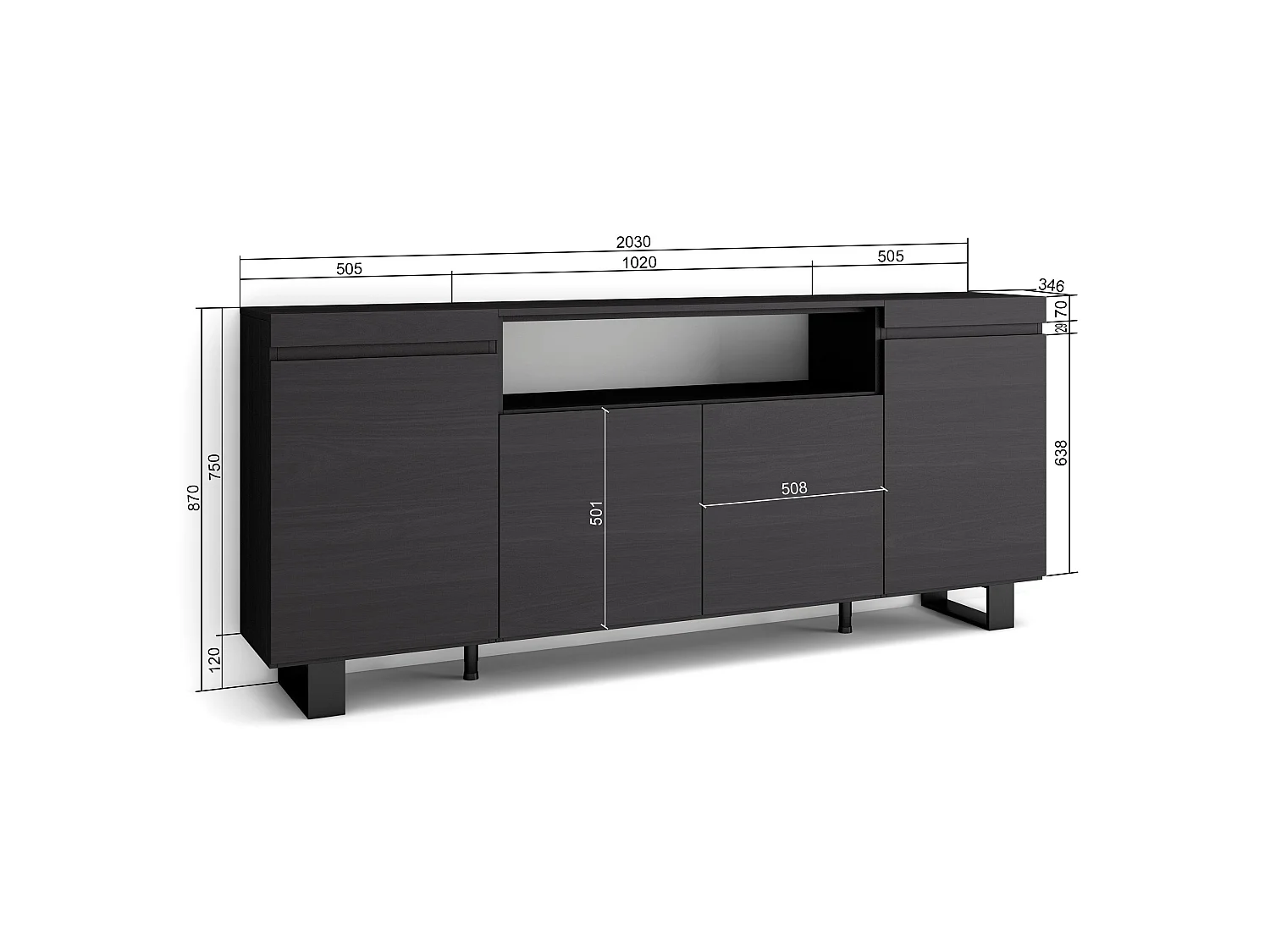 Aparador sala de jantar, 200x35x87cm, 4 Portas, Design industrial, Preto