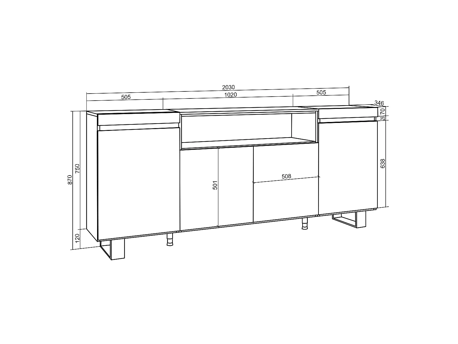 Aparador sala de jantar, 200x35x87cm, 4 Portas, Design industrial, Preto