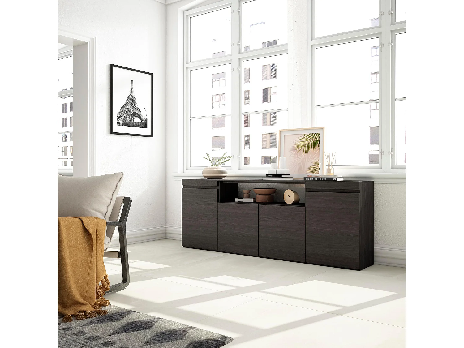 Buffet salon et cuisine, 200x75x35cm, 4 Portes, Meuble chaussure, Noir