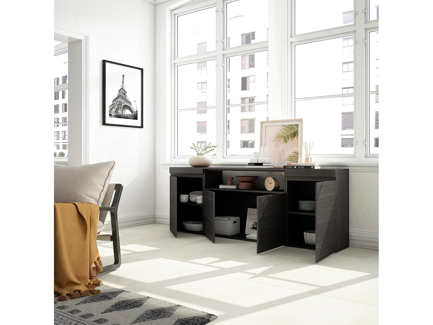 Buffet salon et cuisine, 200x75x35cm, 4 Portes, Meuble chaussure, Noir