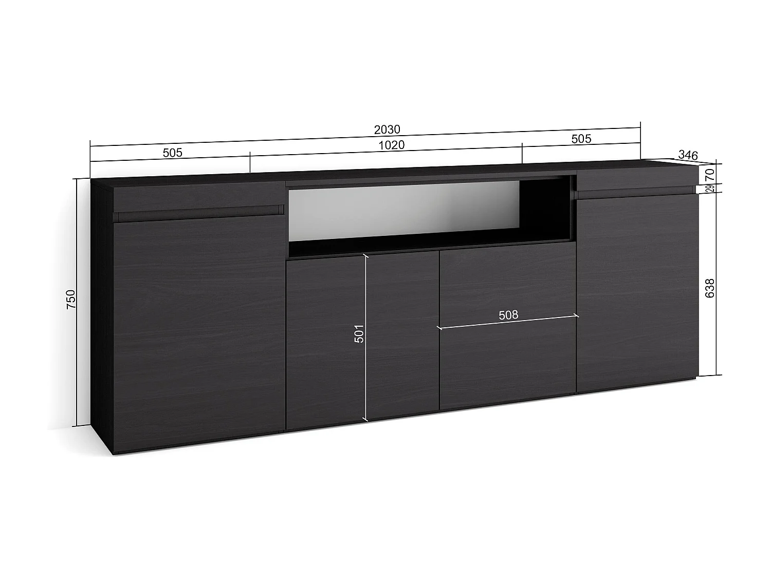 Buffet salon et cuisine, 200x75x35cm, 4 Portes, Meuble chaussure, Noir