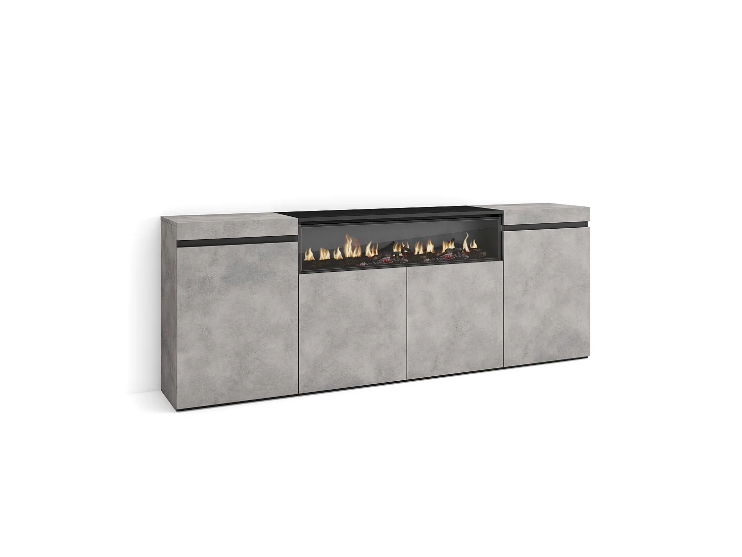 Buffet salon et cuisine, 200x75x35cm, 4 Portes, Cheminée électrique, Ciment
