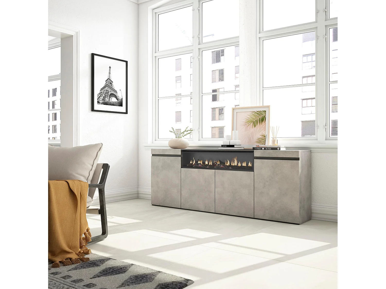 Dressoir, Opbergkast, 200x75x35cm, 4 Deuren, Elektrische haard, Cement