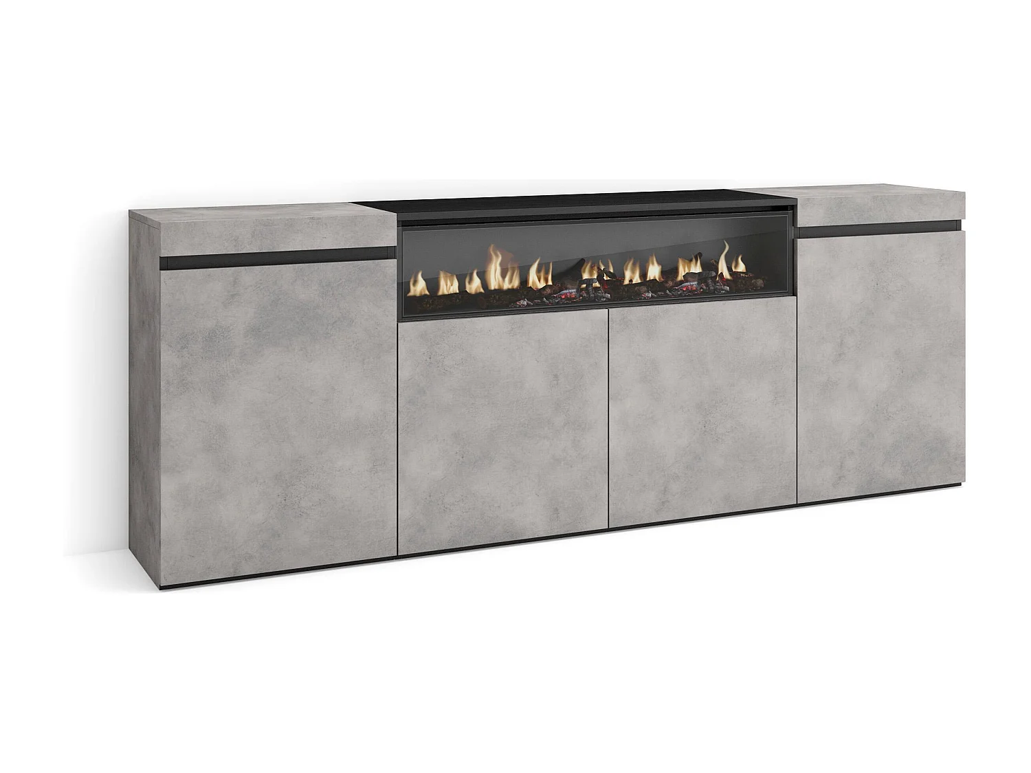 Dressoir, Opbergkast, 200x75x35cm, 4 Deuren, Elektrische haard, Cement