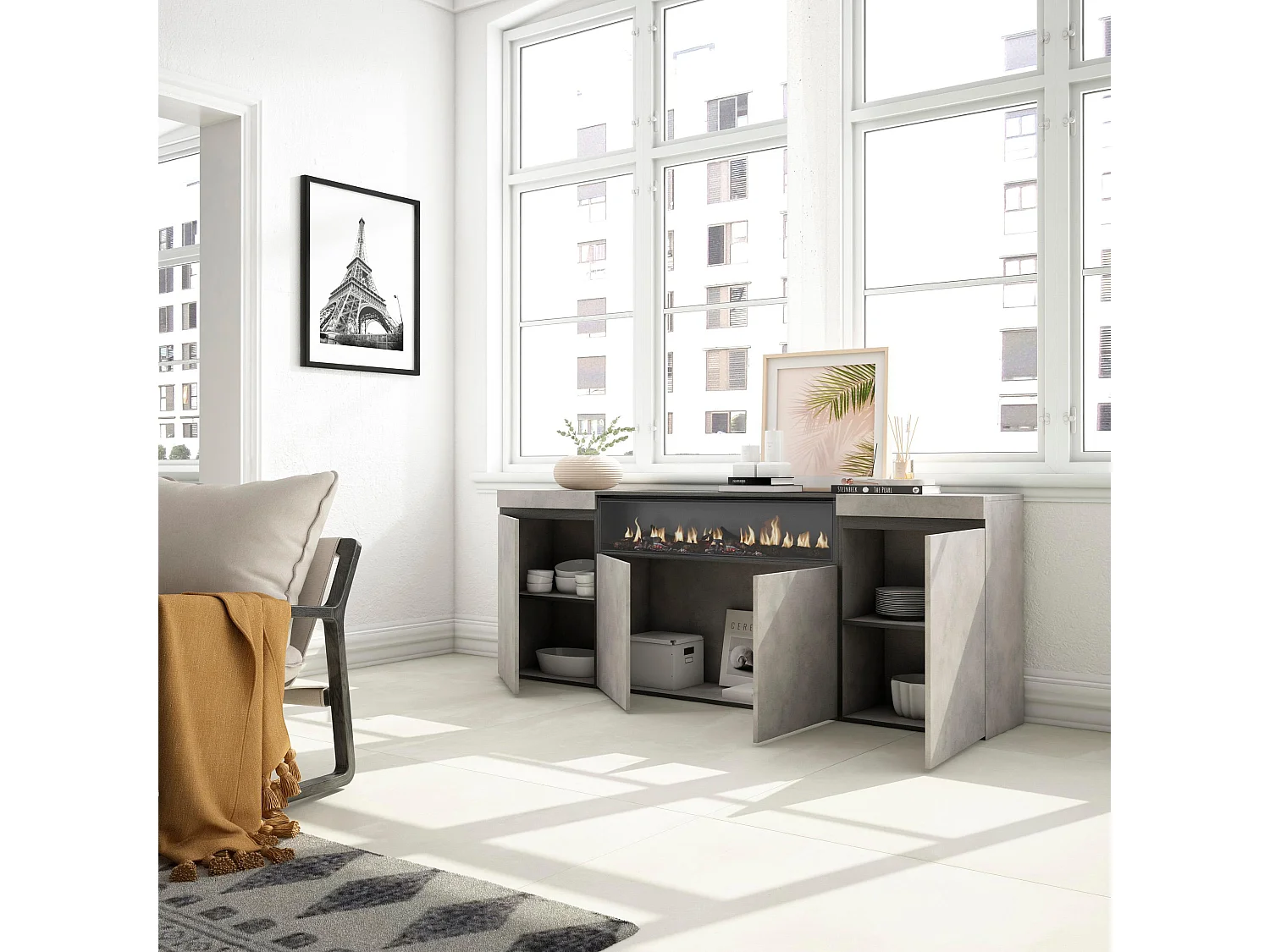 Dressoir, Opbergkast, 200x75x35cm, 4 Deuren, Elektrische haard, Cement