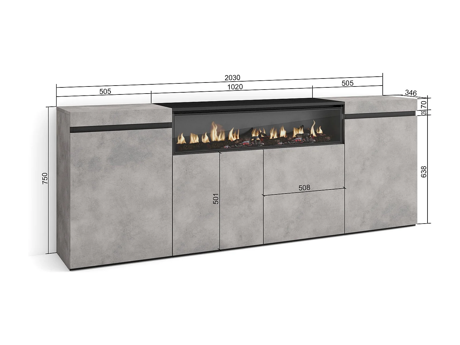 Dressoir, Opbergkast, 200x75x35cm, 4 Deuren, Elektrische haard, Cement