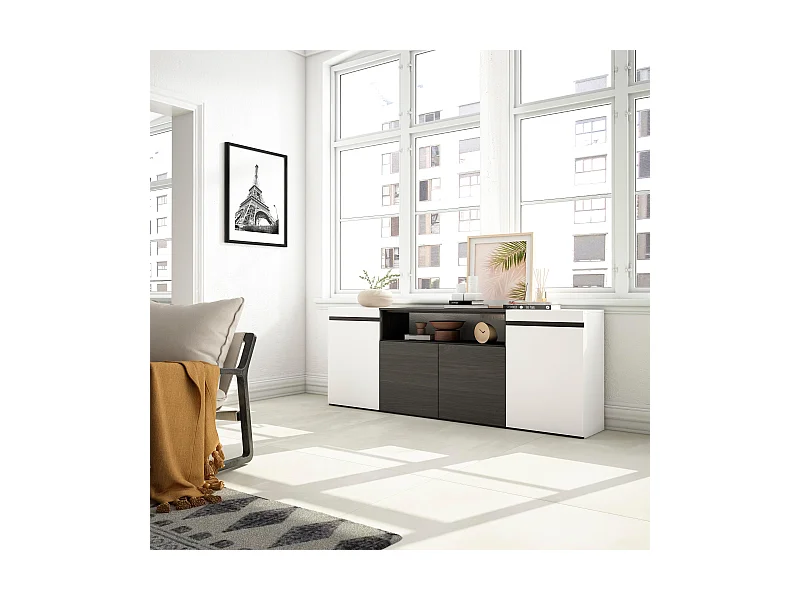 Aparadores para salón, 200x35x75cm, 4 Puertas, Armario, zapatero, Blanco y negro