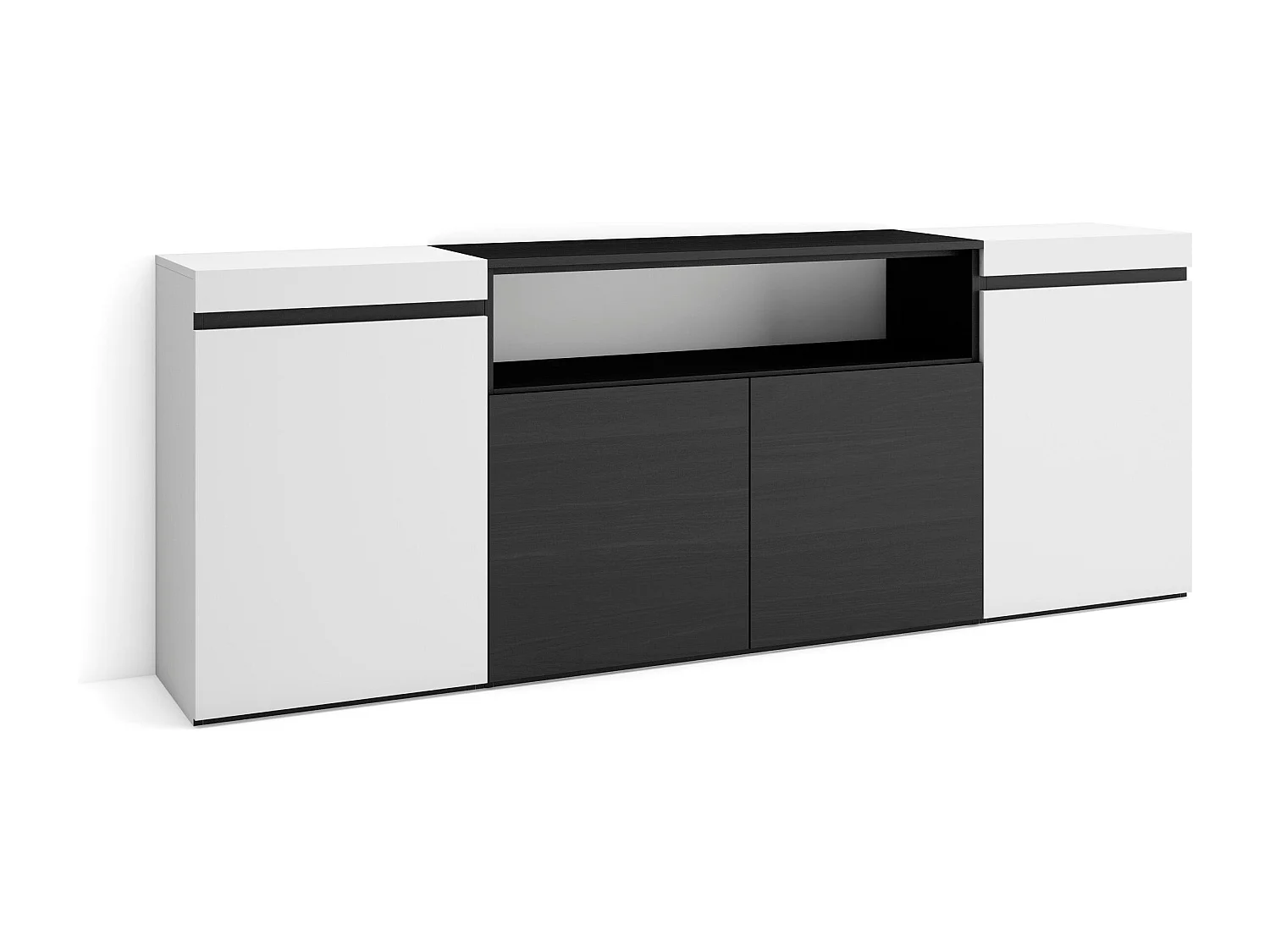 Dressoir, Opbergkast, 200x75x35cm, 4 Deuren, Woonkamer, hal, Wit en Zwart