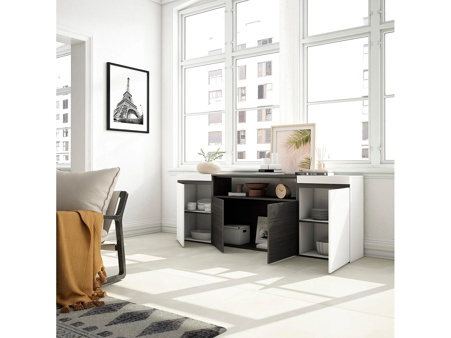 Dressoir, Opbergkast, 200x75x35cm, 4 Deuren, Woonkamer, hal, Wit en Zwart