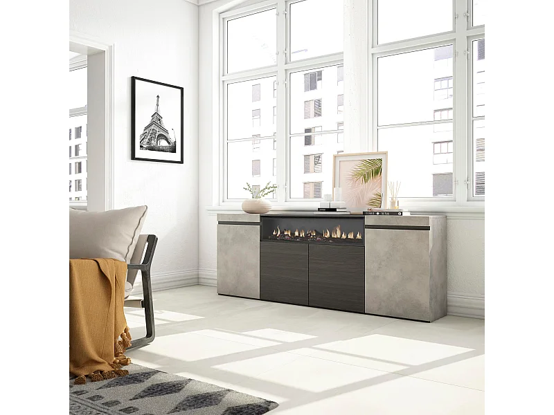 Aparadores para salón, 200x35x75cm, 4 Puertas, Chimenea eléctrica, Cemento