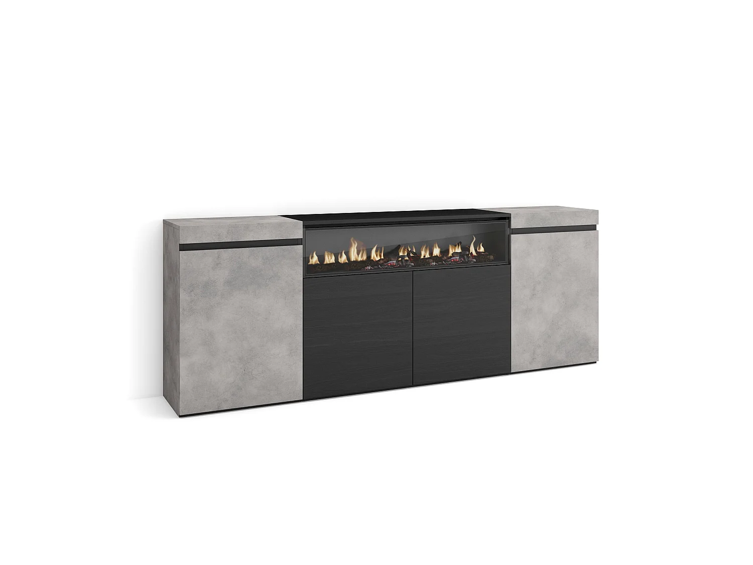 Buffet salon et cuisine, 200x75x35cm, 4 Portes, Cheminée électrique, Ciment