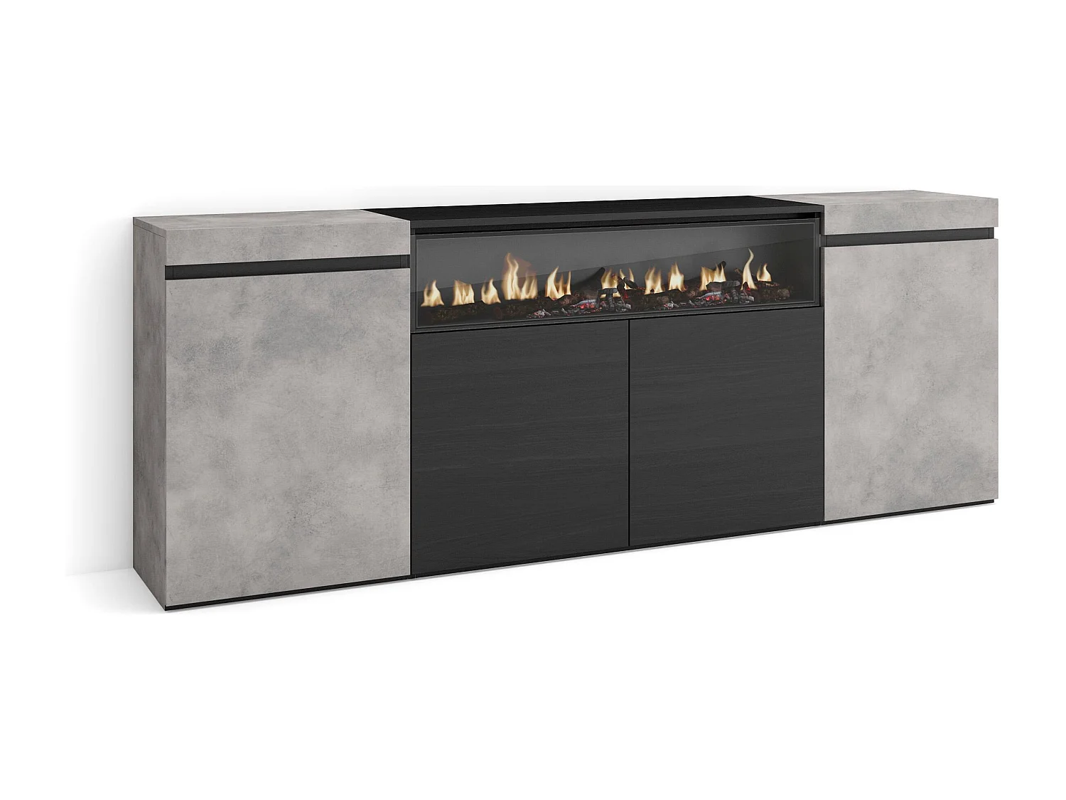 Credenza, Mobile, Cucina, 200x35x75cm, 4 Porte, Camino elettrico, Cemento