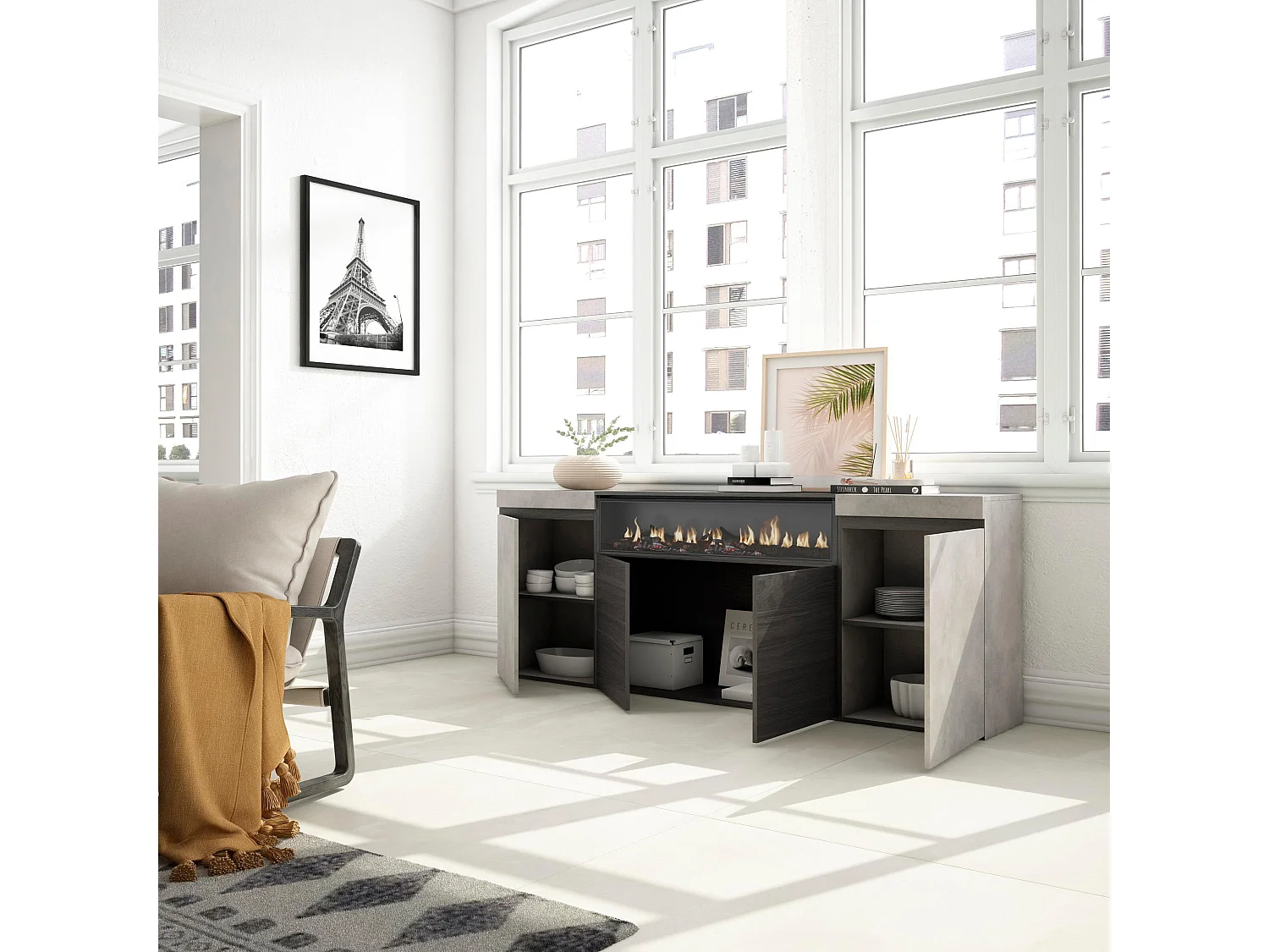 Credenza, Mobile, Cucina, 200x35x75cm, 4 Porte, Camino elettrico, Cemento