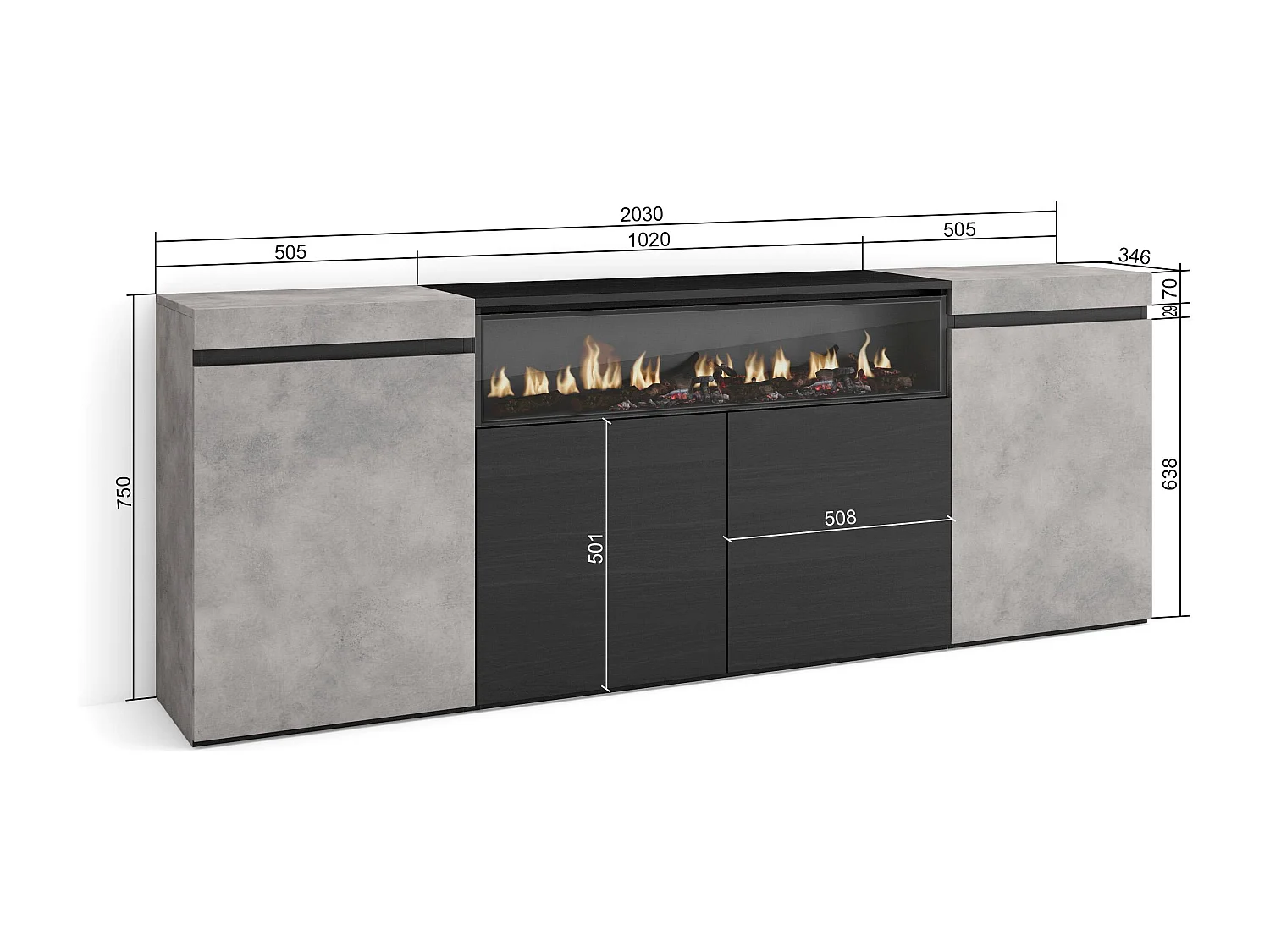Credenza, Mobile, Cucina, 200x35x75cm, 4 Porte, Camino elettrico, Cemento