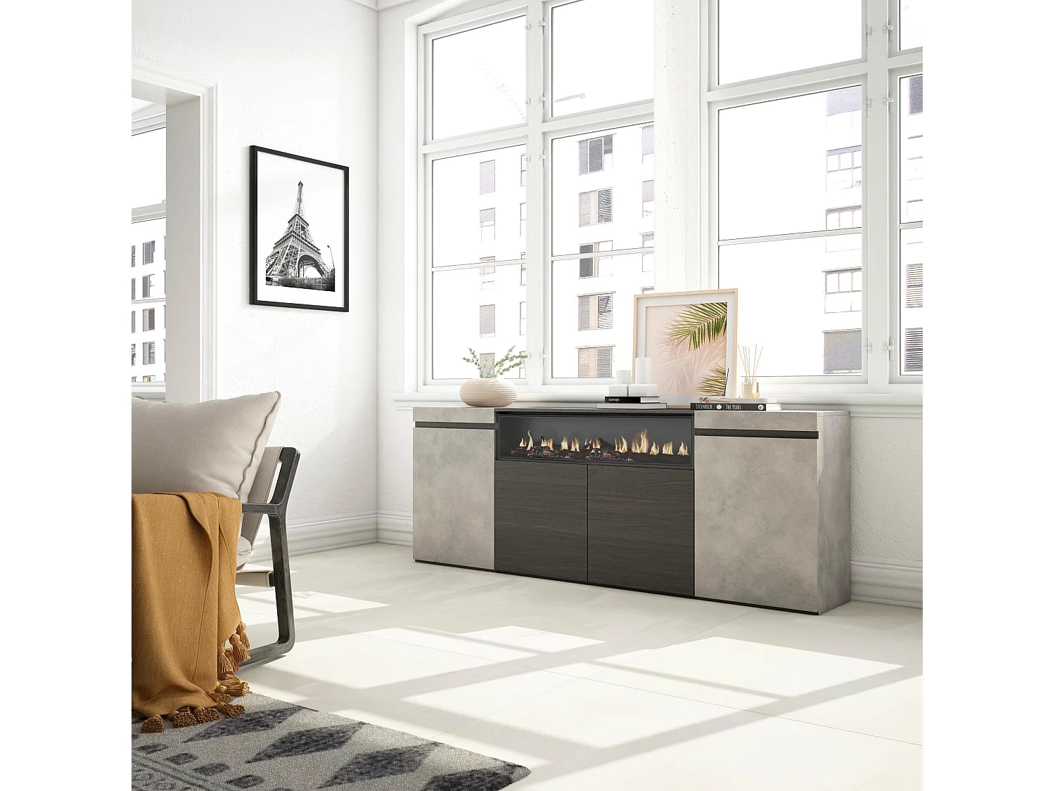 Dressoir, Opbergkast, 200x35x75cm, 4 Deuren, Elektrische haard, Cement