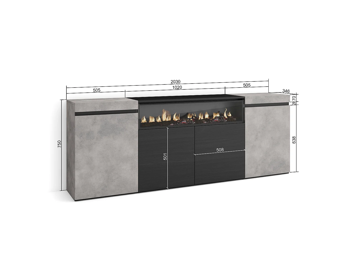 Dressoir, Opbergkast, 200x35x75cm, 4 Deuren, Elektrische haard, Cement