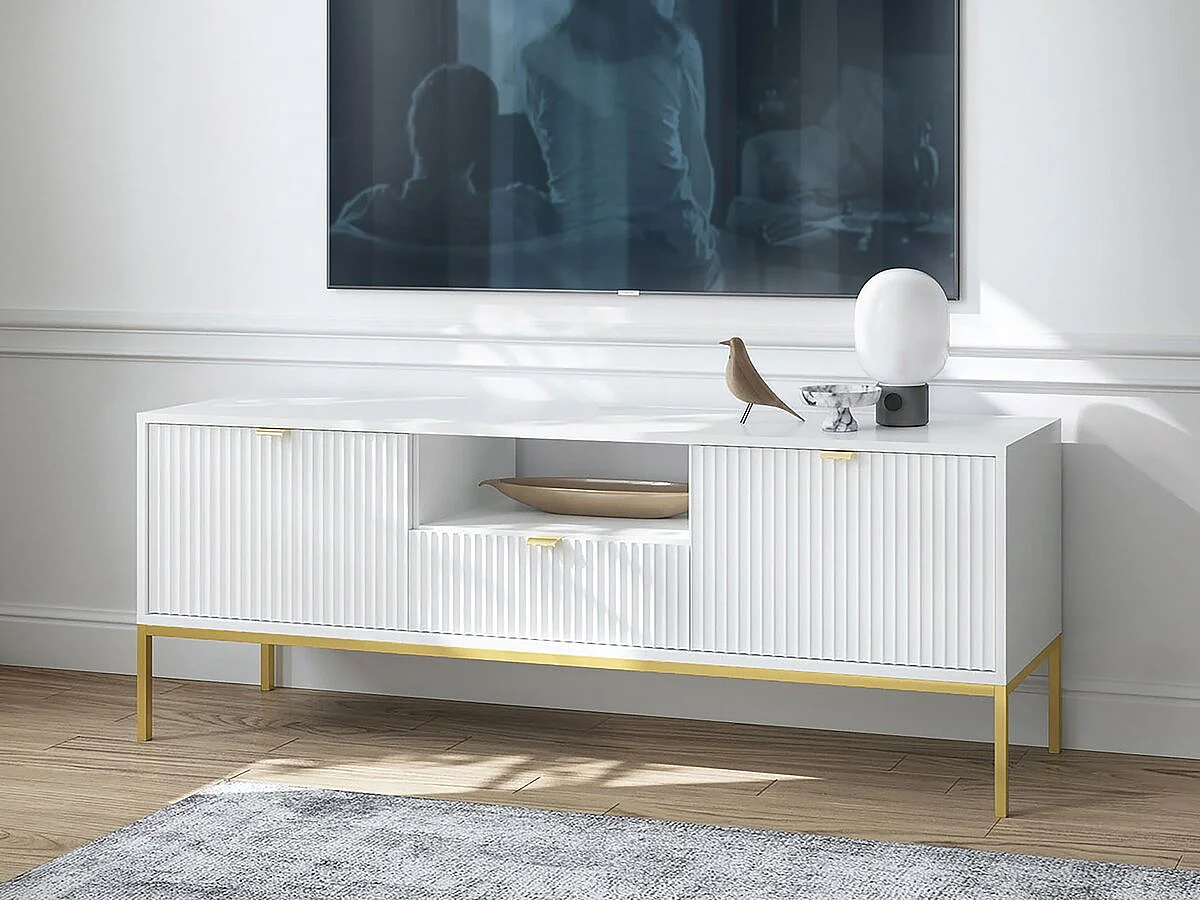 Meuble tv "Tunis" - 154 x 56 x 39 cm - Blanc - Rainuré