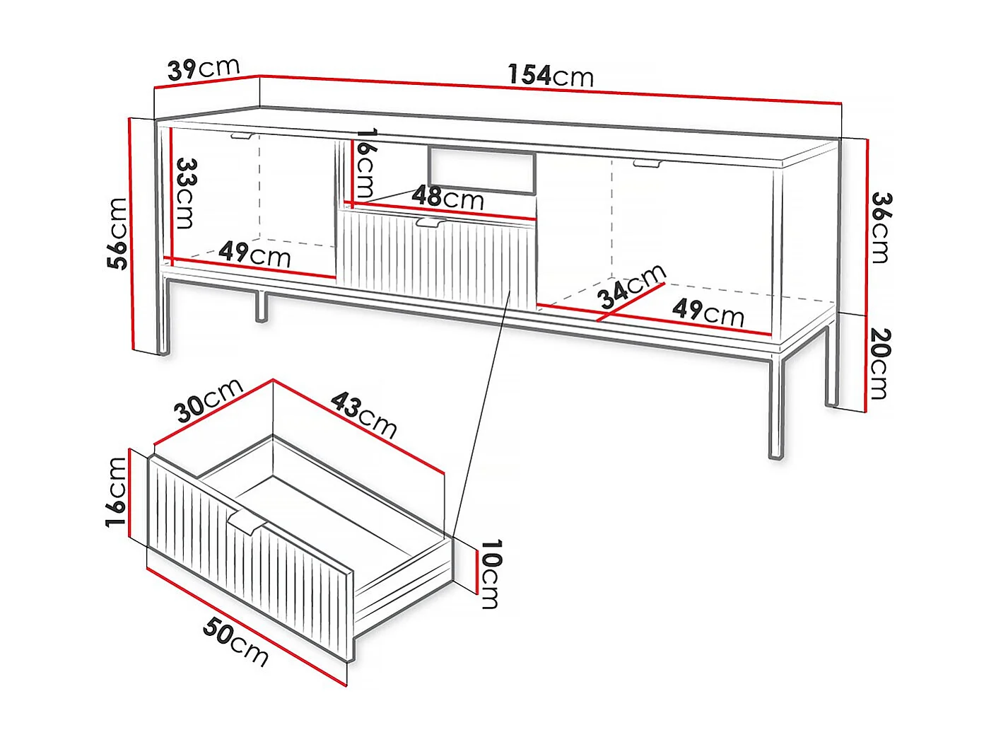 Meuble tv "Tunis" - 154 x 56 x 39 cm - Blanc - Rainuré