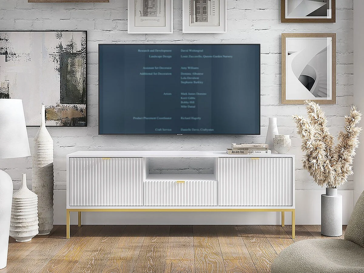 Meuble tv "Tunis" - 154 x 56 x 39 cm - Blanc - Rainuré