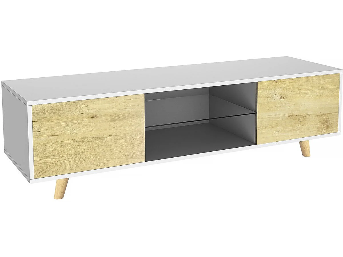 Meuble TV LED "Inna" - 140 x 42 x 45 cm - Blanc/Chêne