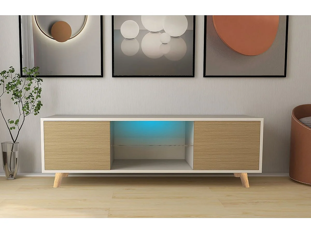 Meuble TV LED "Inna" - 140 x 42 x 45 cm - Blanc/Chêne