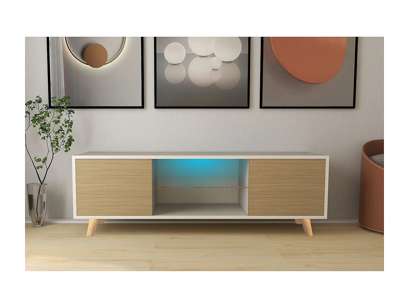 Meuble TV LED "Inna" - 140 x 42 x 45 cm - Blanc/Chêne