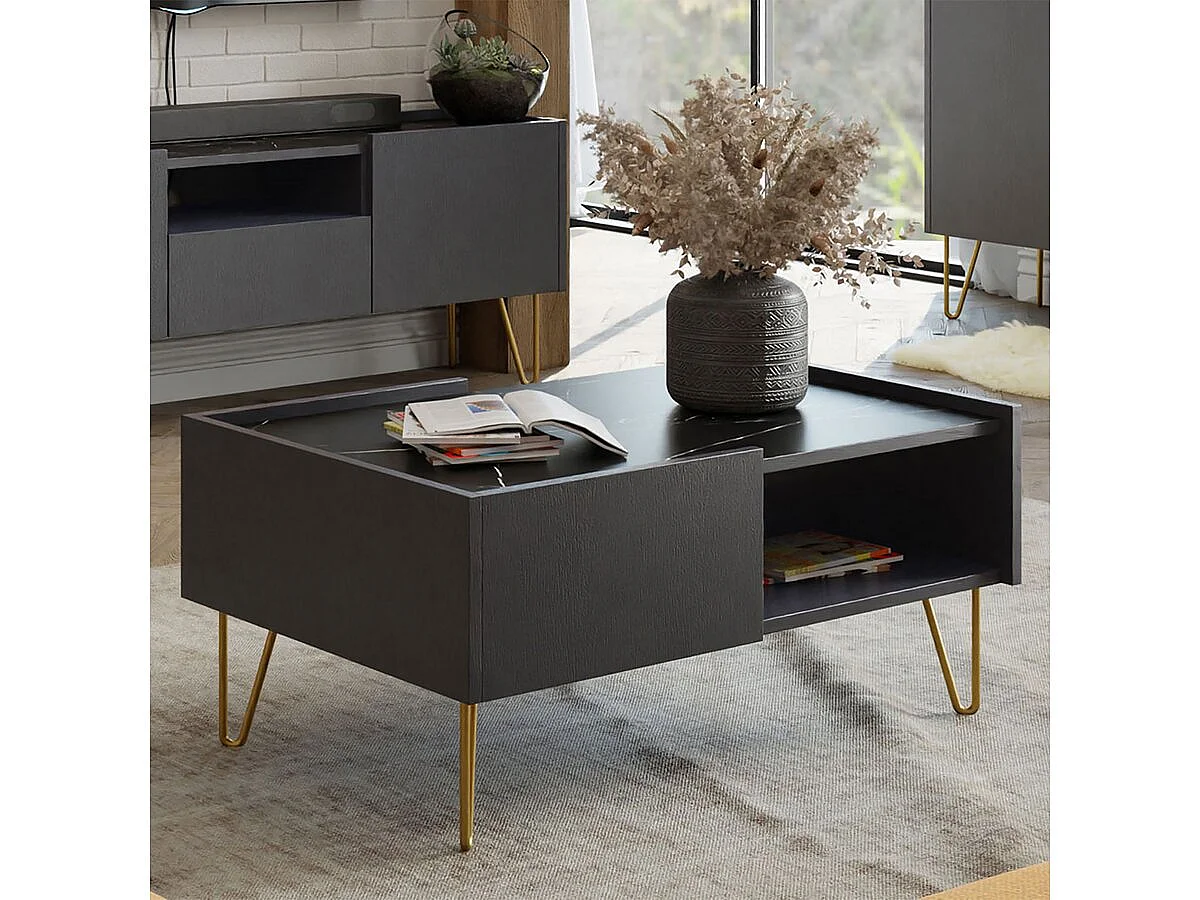 Table basse "Karine" - 97 x 65 x 45 cm - Noir/Effet marbre