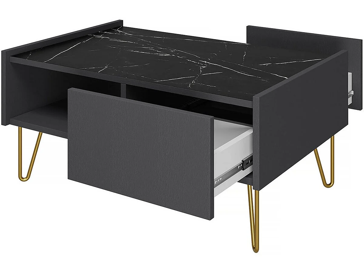 Table basse "Karine" - 97 x 65 x 45 cm - Noir/Effet marbre