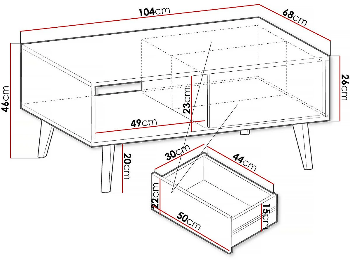Salontafel hout met lade rechthoekig "Silas"  -  Zwart/Eiken ambachtelijk