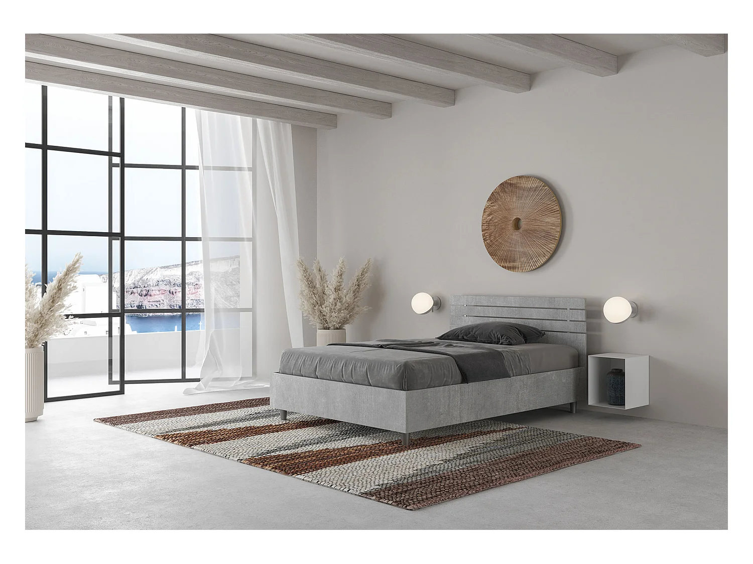 Cama con somier de 120x190, cabecero recto con lamas de cemento Ankel