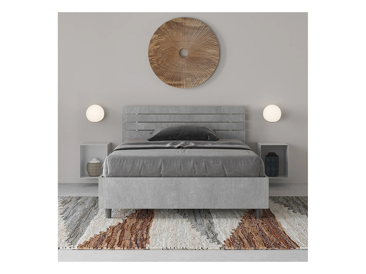 Cama con somier de 120x190, cabecero recto con lamas de cemento Ankel