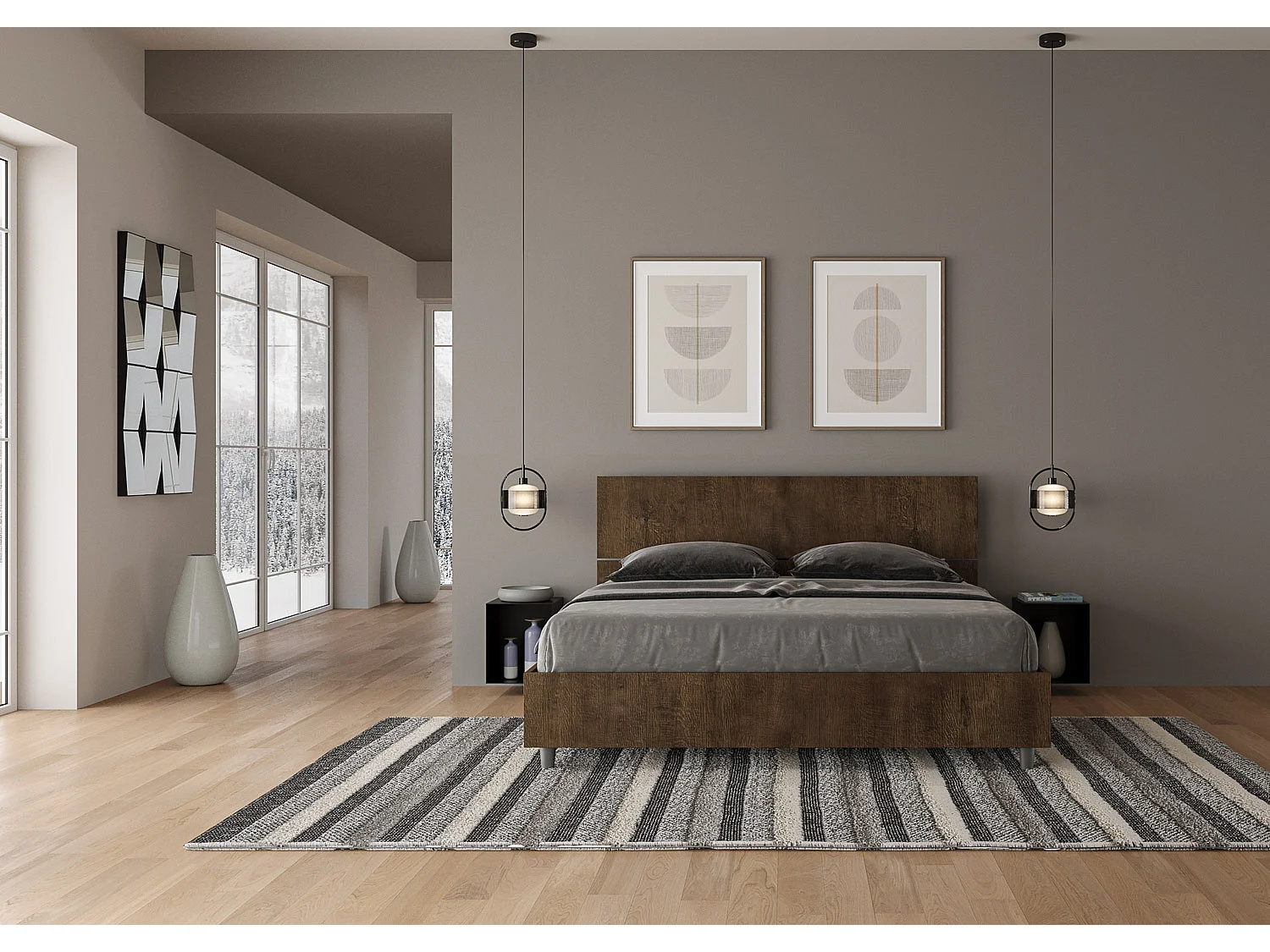 Bed 160x190 met lattenbodem schuin bedhoofd walnoot Demas