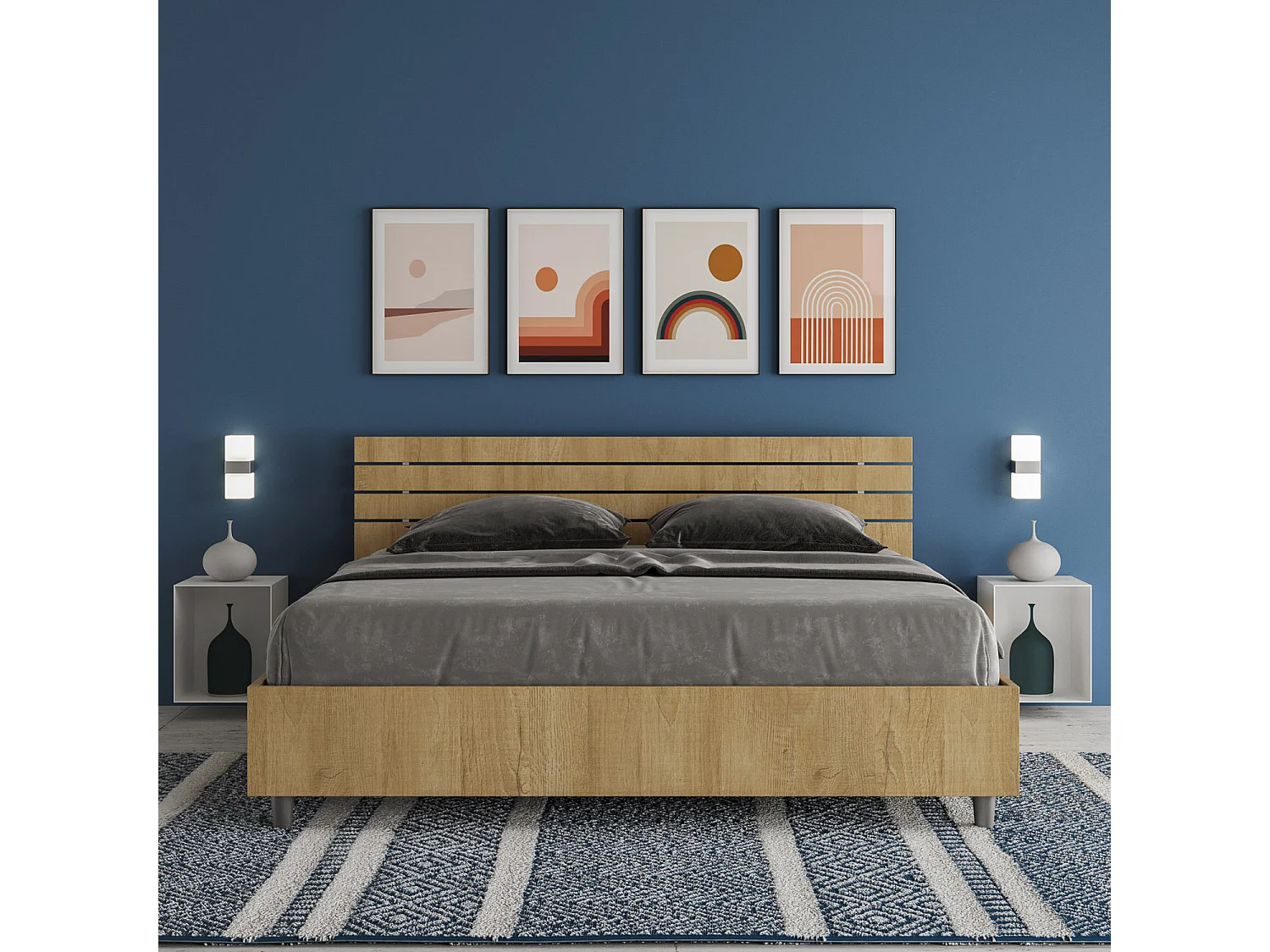 Cama con somier 160x190 con cabecera recta de listones roble natural Ankel