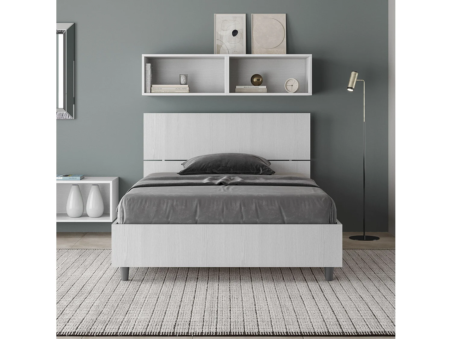 Cama Demas cinza branco com cabeceira reta 120x190