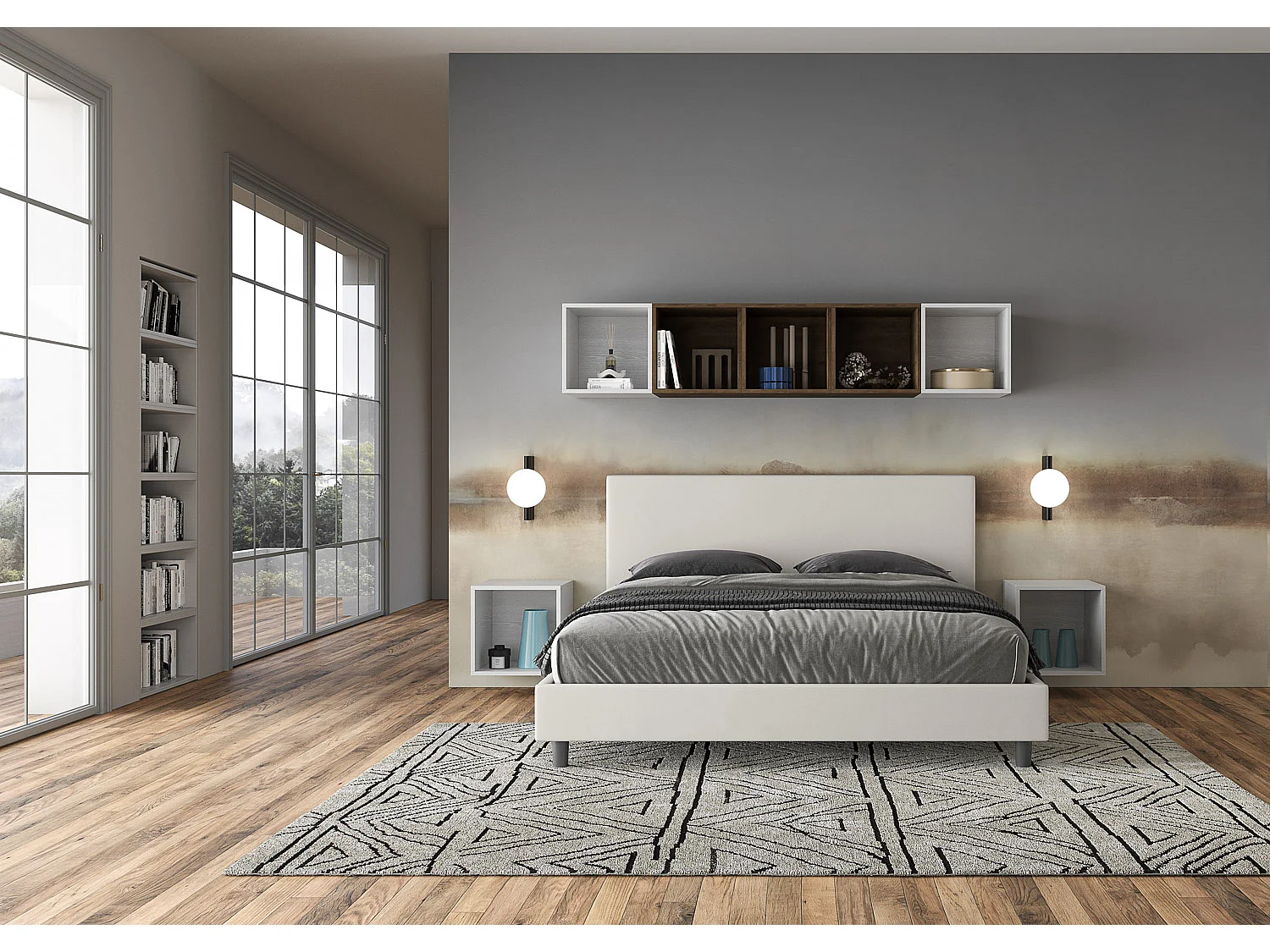 Lit queen size avec sommier rembourrée 160x190 similicuir blanc Naspy