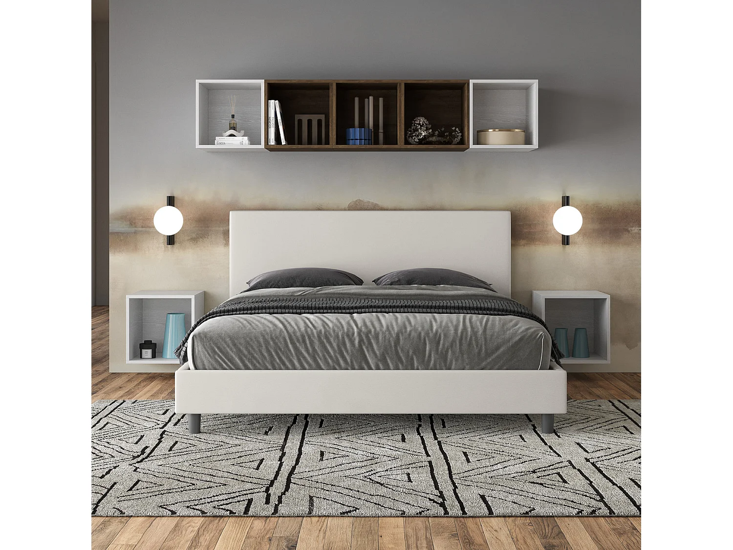 Gepolstertes Bett mit Lattenrost 160x190 mit Kunstlederbezug Weiß Naspy