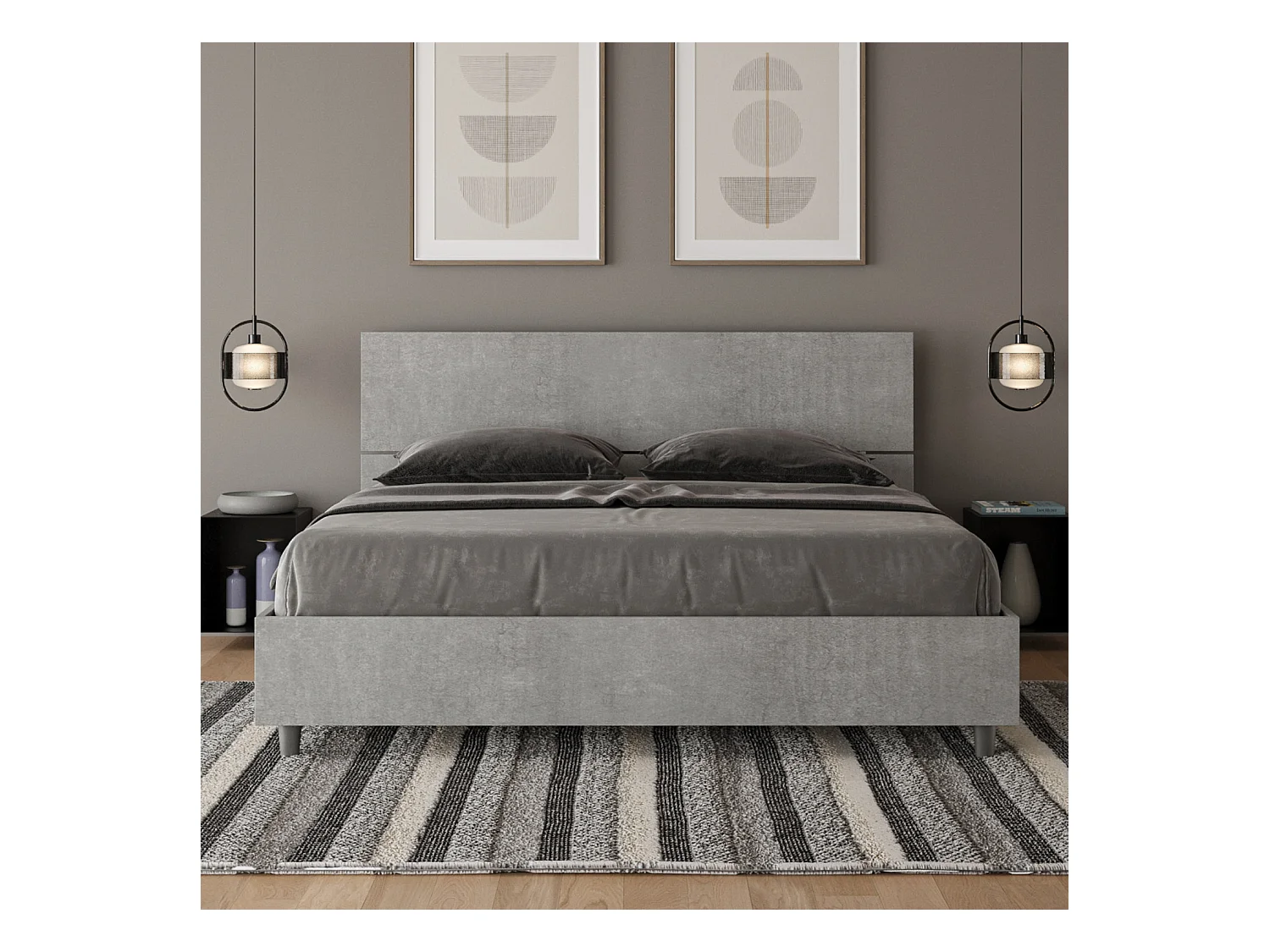 Bett mit Lattenrost 160x190, geneigtes Kopfteil aus Demas-Beton