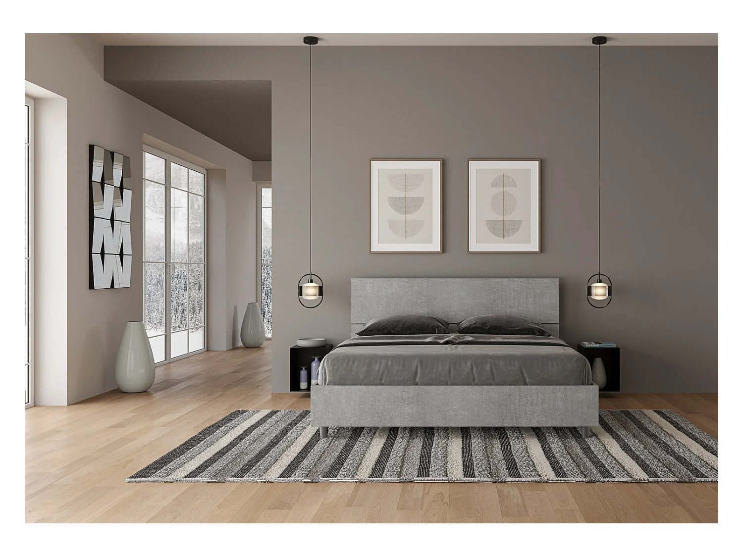 Bett mit Lattenrost 160x190, geneigtes Kopfteil aus Demas-Beton
