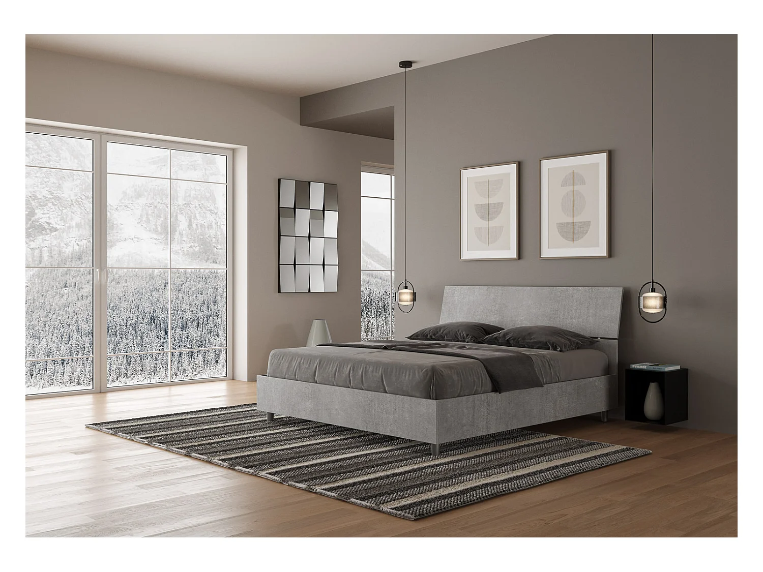 Bett mit Lattenrost 160x190, geneigtes Kopfteil aus Demas-Beton