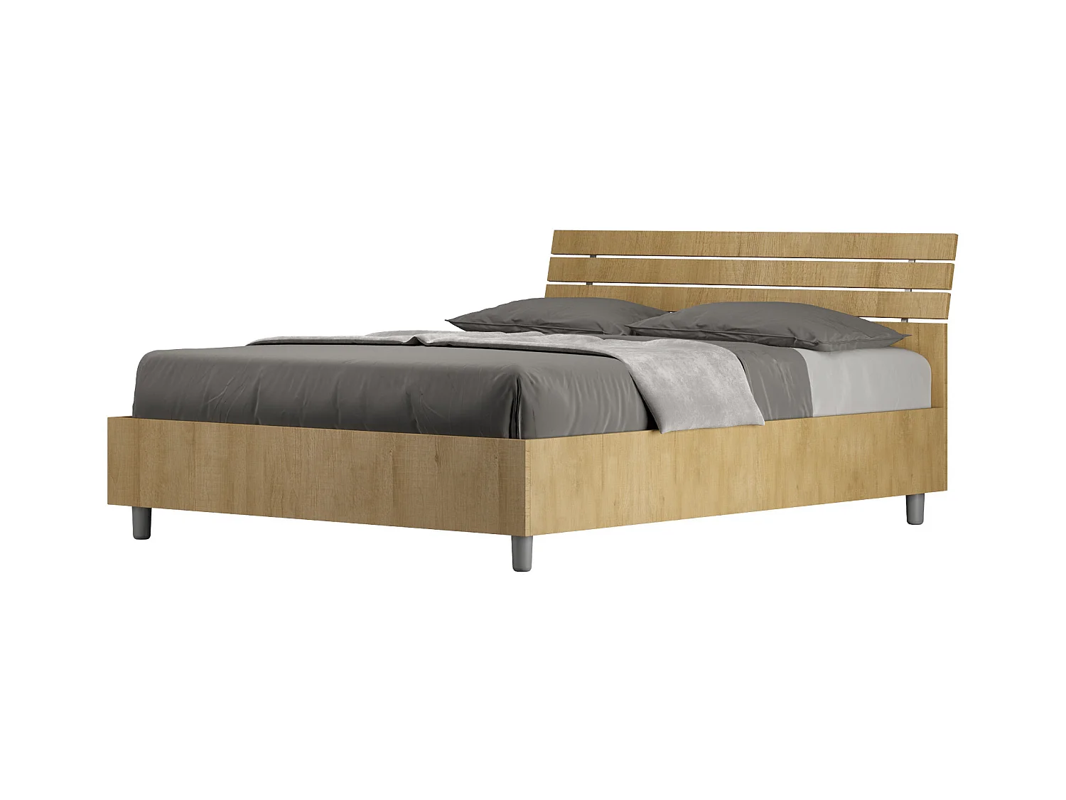 Lit avec sommier 140x190 tête de lit inclinée avec des lames chêne nature Ankel