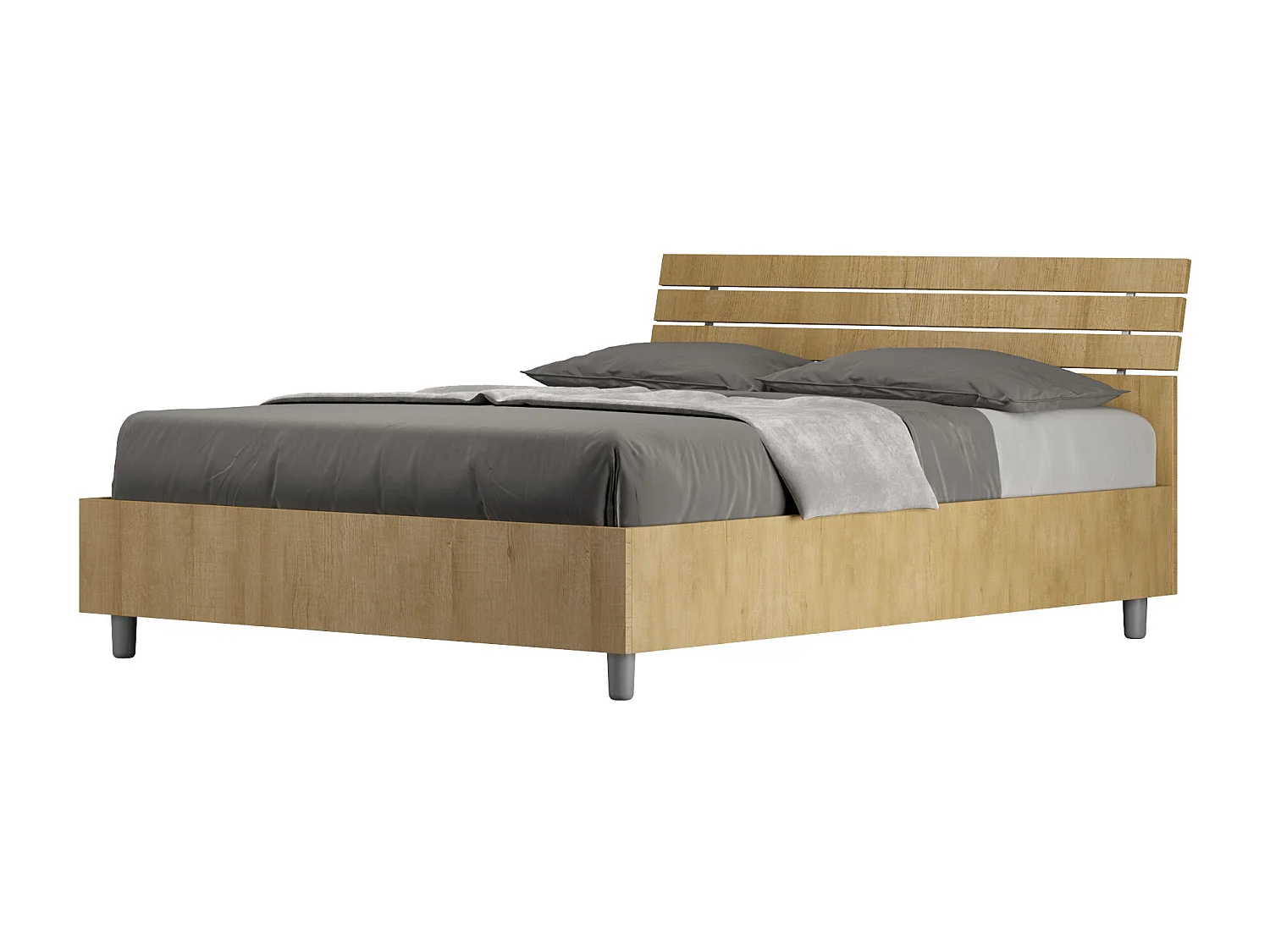 Lit double avec sommier 140x190 tête de lit inclinée avec des lames chêne nature Ankel