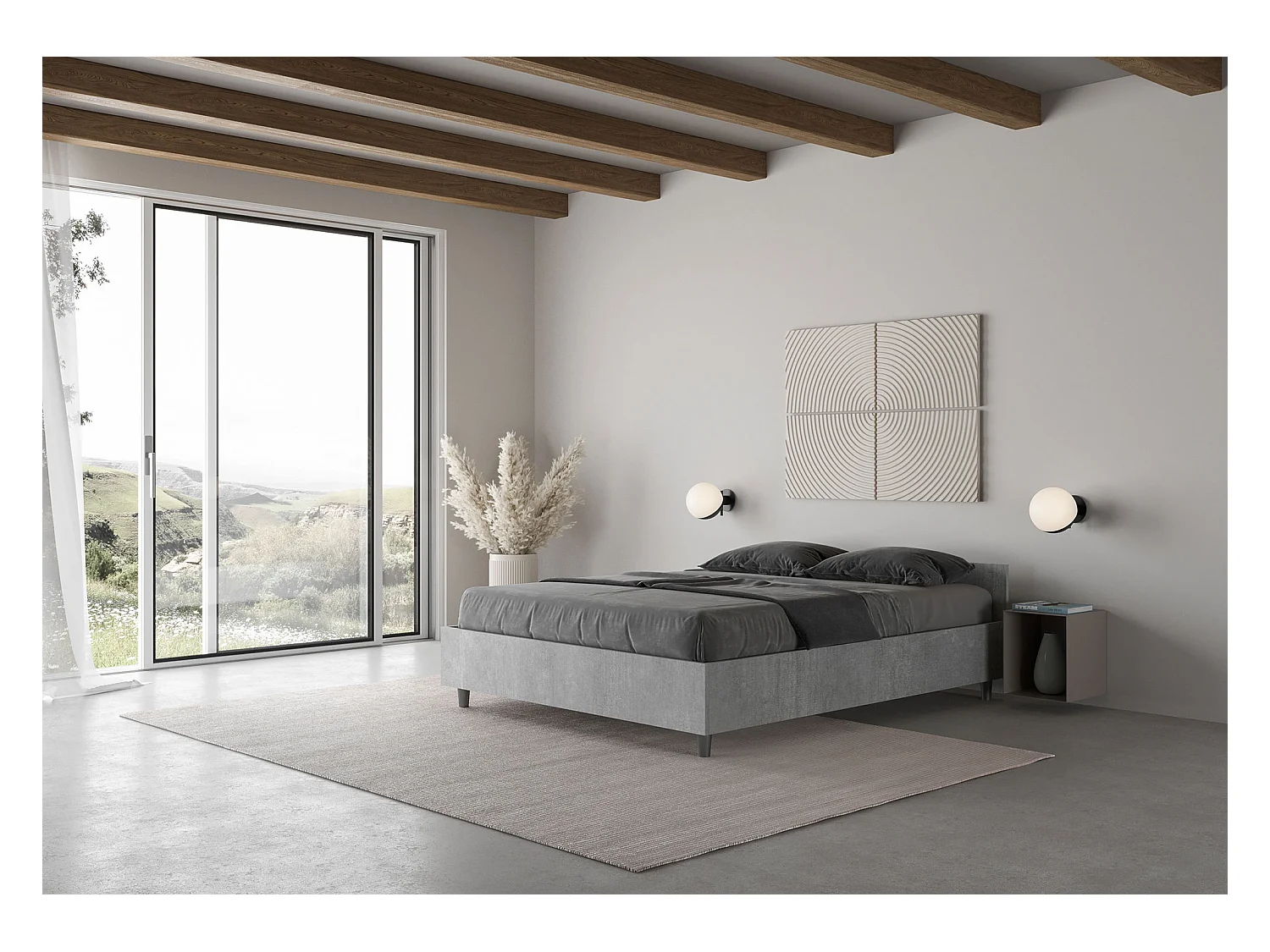 Estructura de cama de madera Borra-Color Gris-Ropa de cama 140x190 cm-Versión Con base